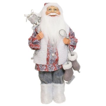 Santa Claus Figur ABENZIO, Schlittschuhe, Geschenkesack, weiß-grau-rot, 22x14x45cm