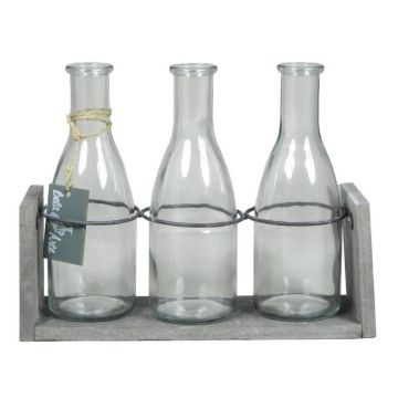 Glasflaschen ANYA mit Holzständer, 3 Gläser, klar, 25x8x20cm