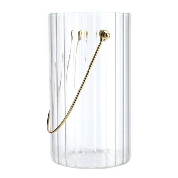 Blumen Vase BLANDINA mit Henkel, Glas, Rillen, transparent-gold, 18cm, Ø10cm