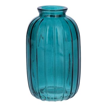 Dekoflasche SILVINA aus Glas, Rillen, petrolblau-klar, 12cm, Ø7cm